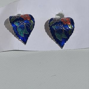 Cloisonne Enamel Leaf Shaped Clip-on Earrings Butterfly Garden Flowers Cobalt Bl
